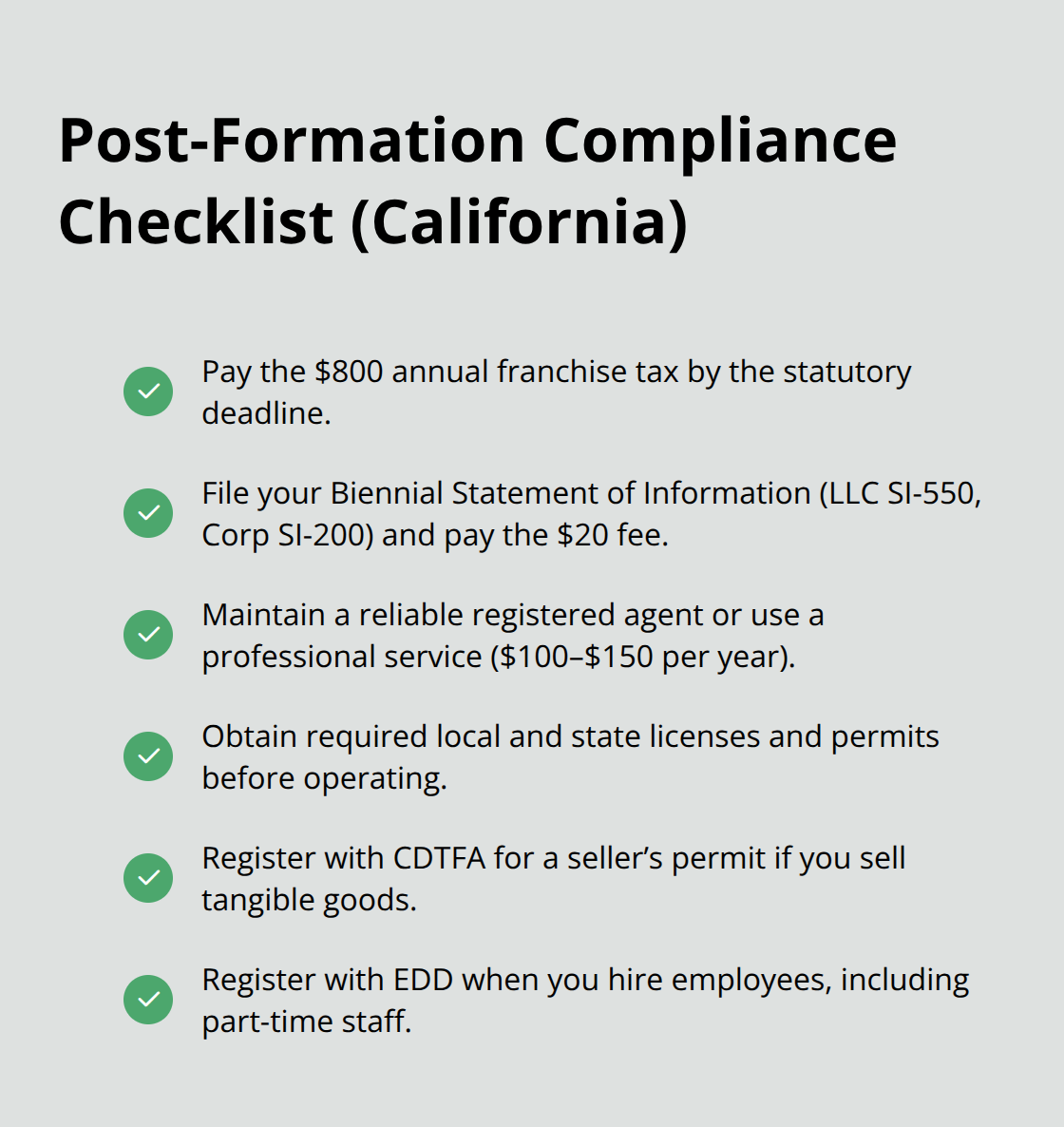 Key compliance tasks to keep your California LLC or corporation in good standing. - Business formation California law