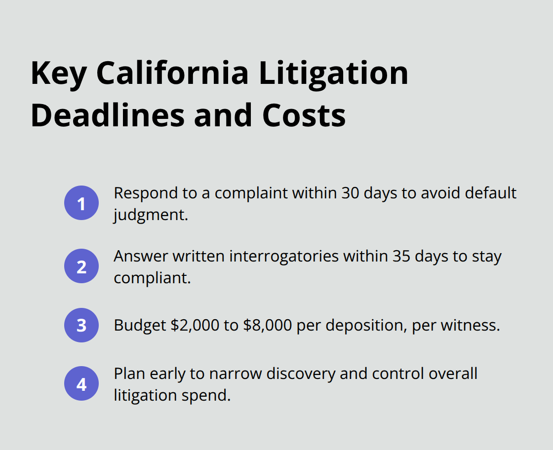Compact list highlighting critical litigation deadlines and discovery cost drivers in California - California business law guidance