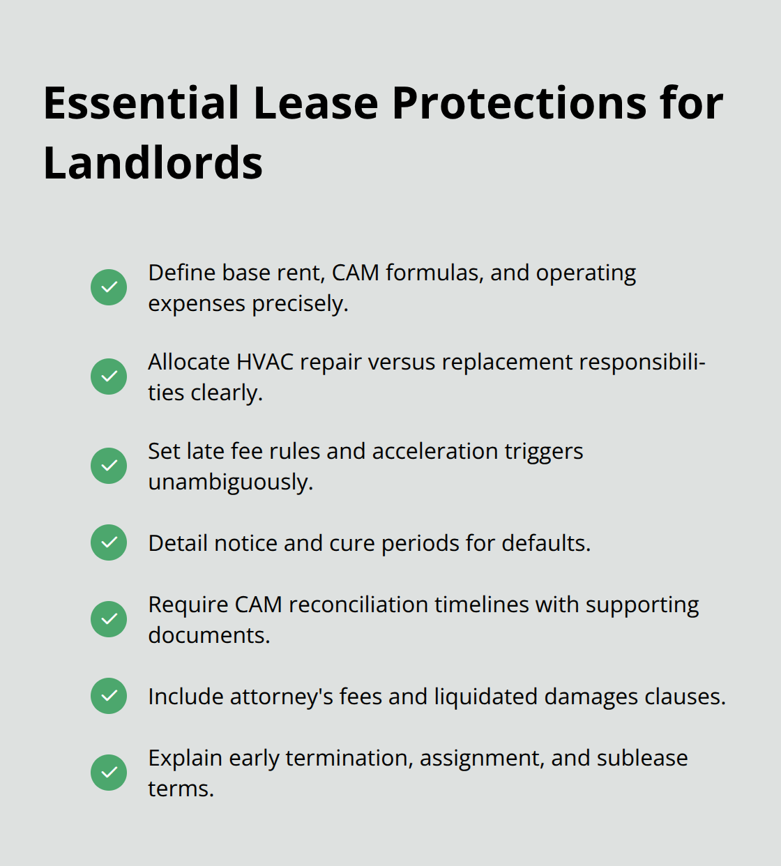 Checklist of key provisions landlords should include to reduce dispute risk. - Commercial lease disputes California