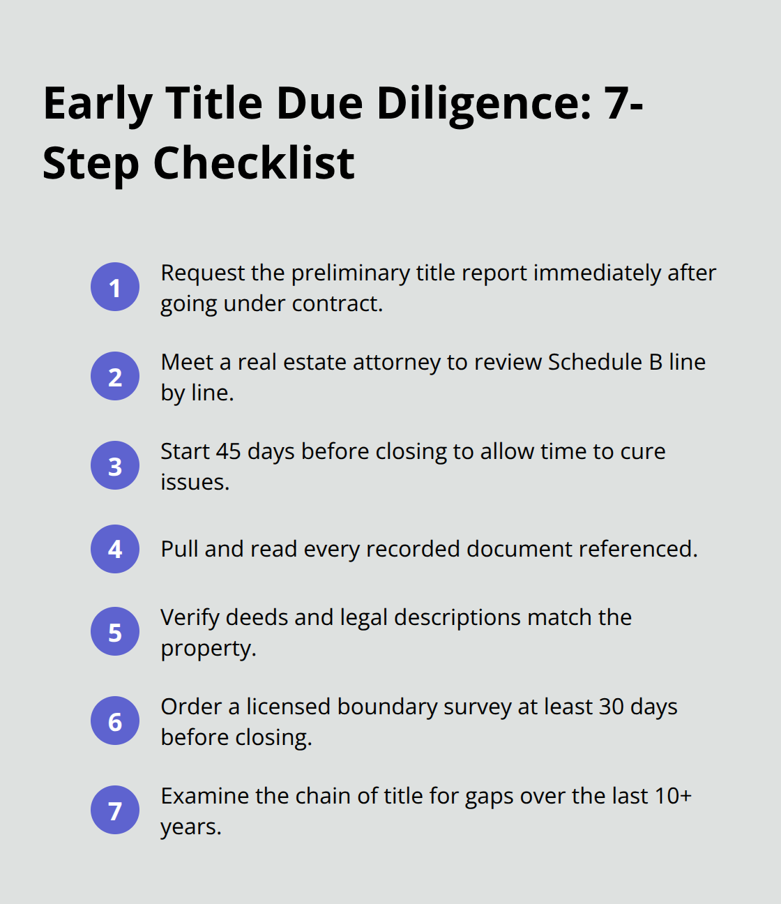 Compact checklist of key pre-closing title diligence steps for Orange County commercial deals.