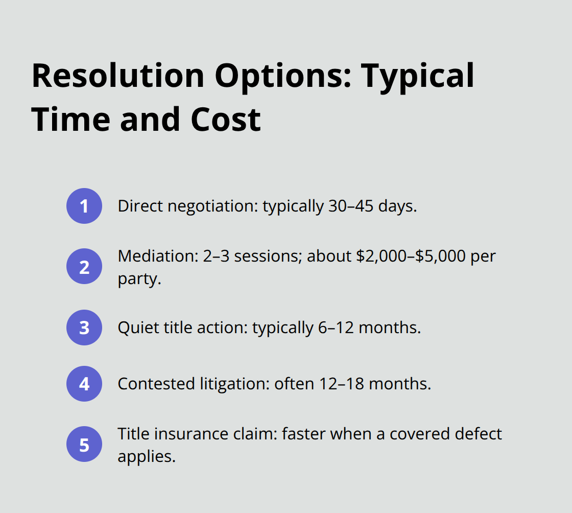 Compact overview of common title dispute resolution paths with expected timelines and costs. - Commercial title disputes