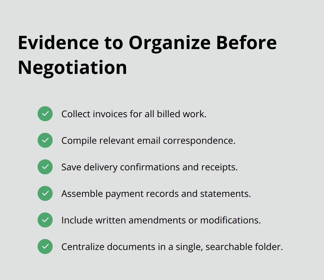 Checklist of key documents to gather for Orange County contract dispute negotiations. - Contract dispute negotiation tips