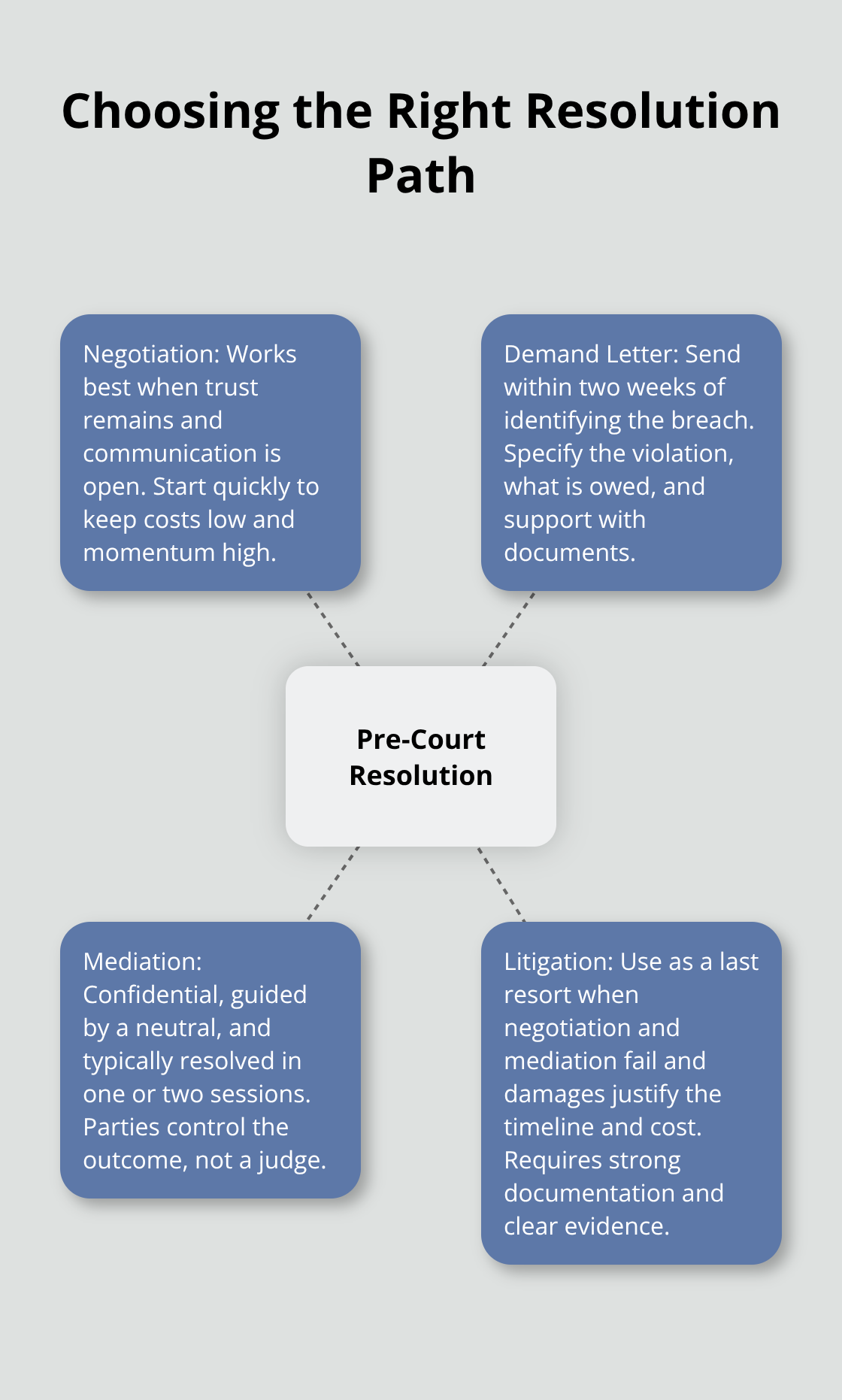 Hub-and-spoke chart showing negotiation, demand letters, mediation, and litigation as resolution paths