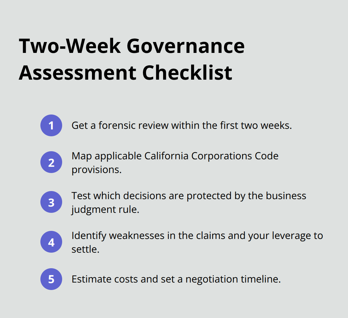 Actionable checklist for the first two weeks of a governance dispute assessment