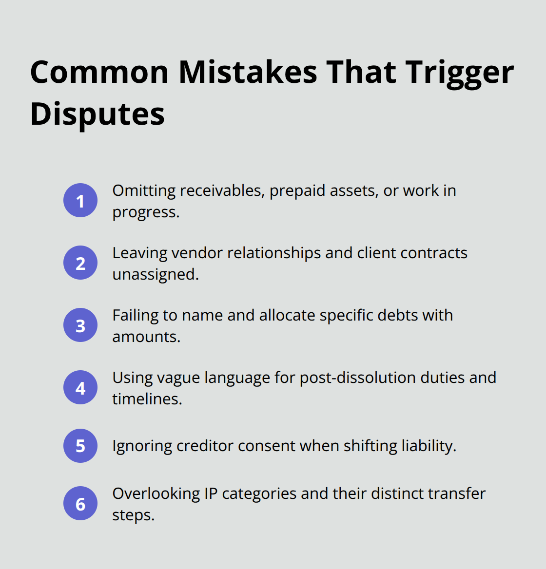 Compact list of frequent dissolution agreement drafting errors to avoid.
