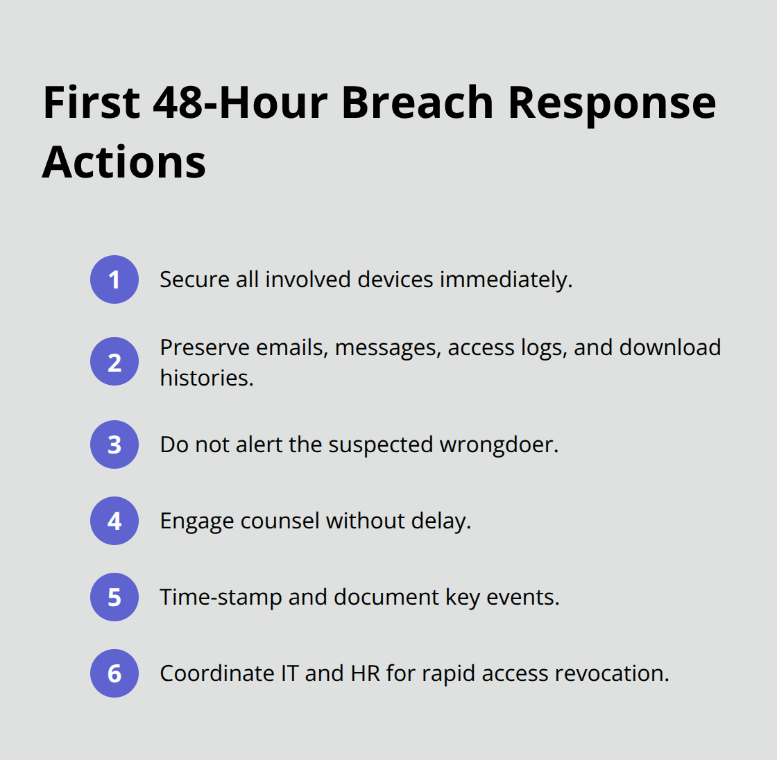 Compact list of immediate steps to take when trade secret theft is suspected.
