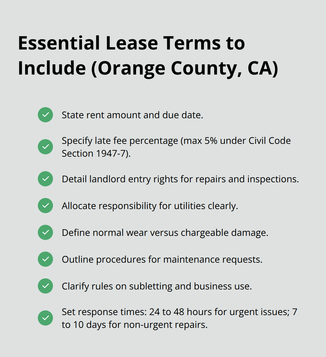 Checklist of key lease clauses and timelines for Orange County landlords to prevent disputes. - landlord lease disputes California