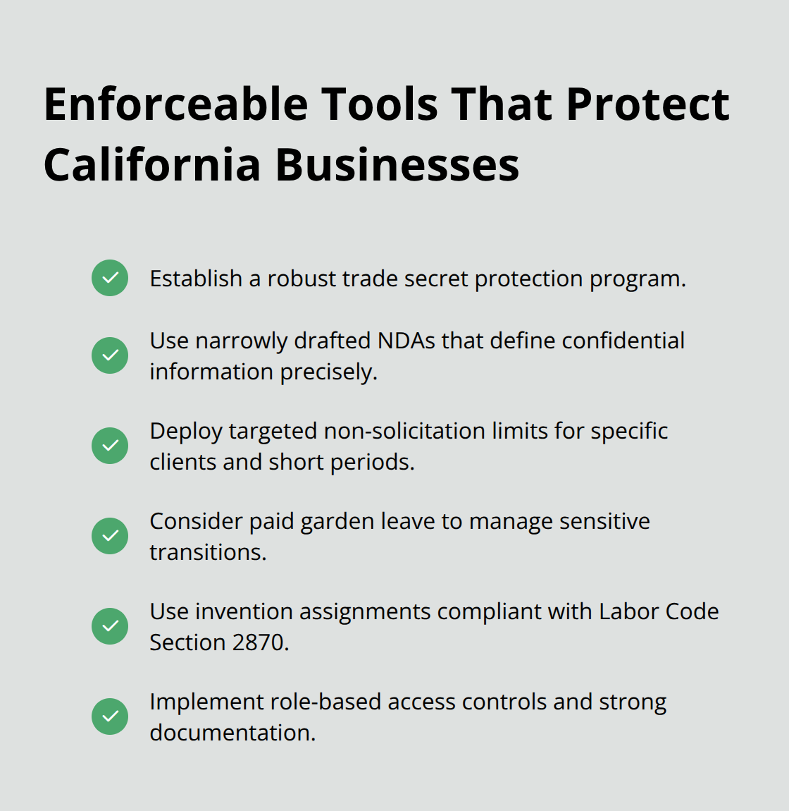 Checklist of enforceable alternatives to noncompetes for California employers - Noncompete agreement litigation California
