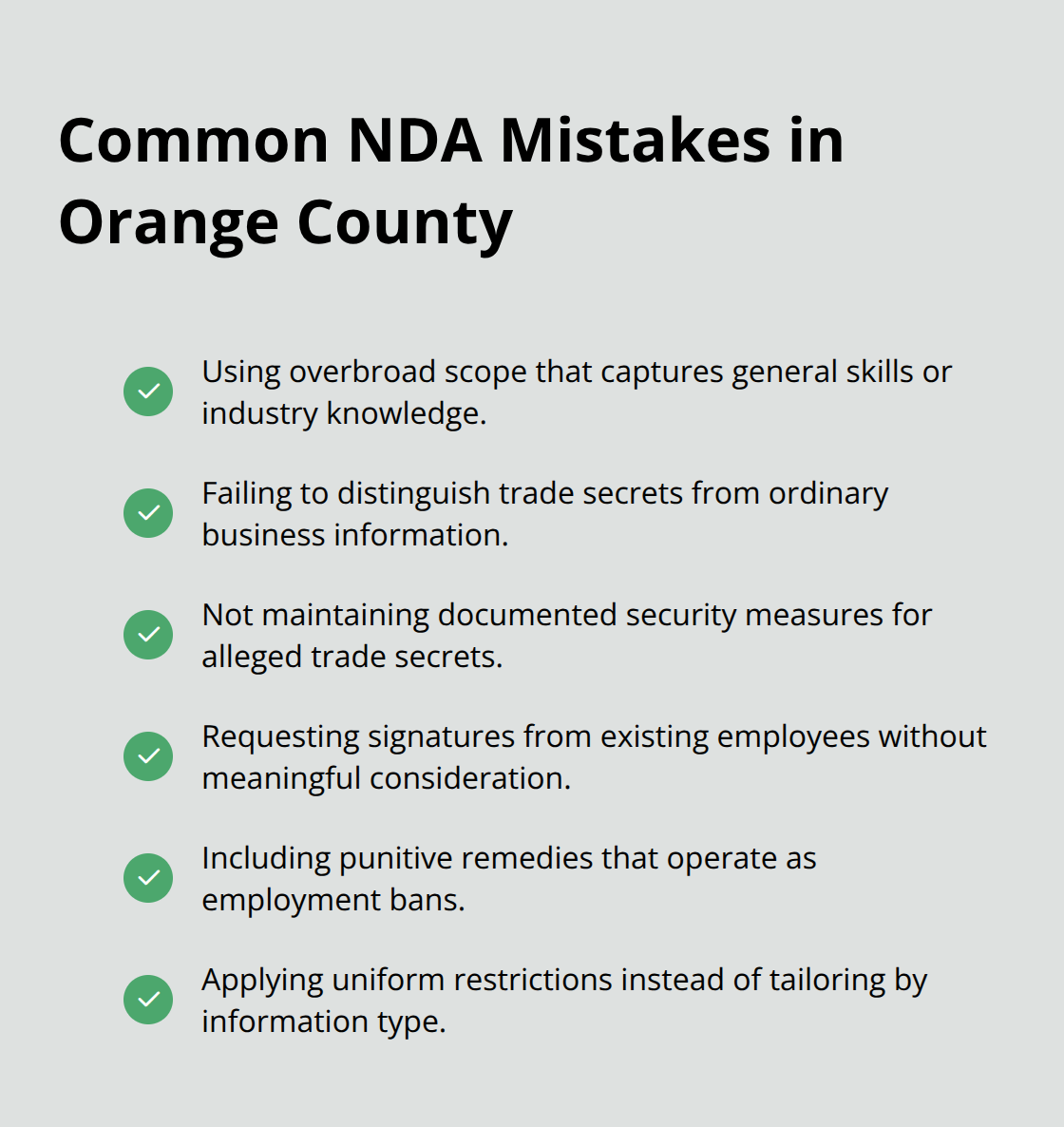Checkmarked list of frequent NDA pitfalls and overbreadth issues for California businesses.