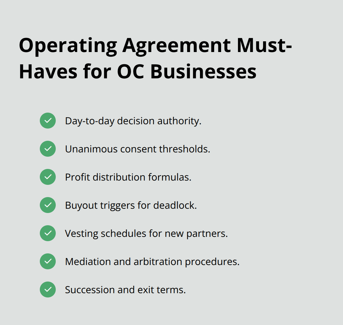 Checklist of essential operating agreement provisions to prevent partnership disputes