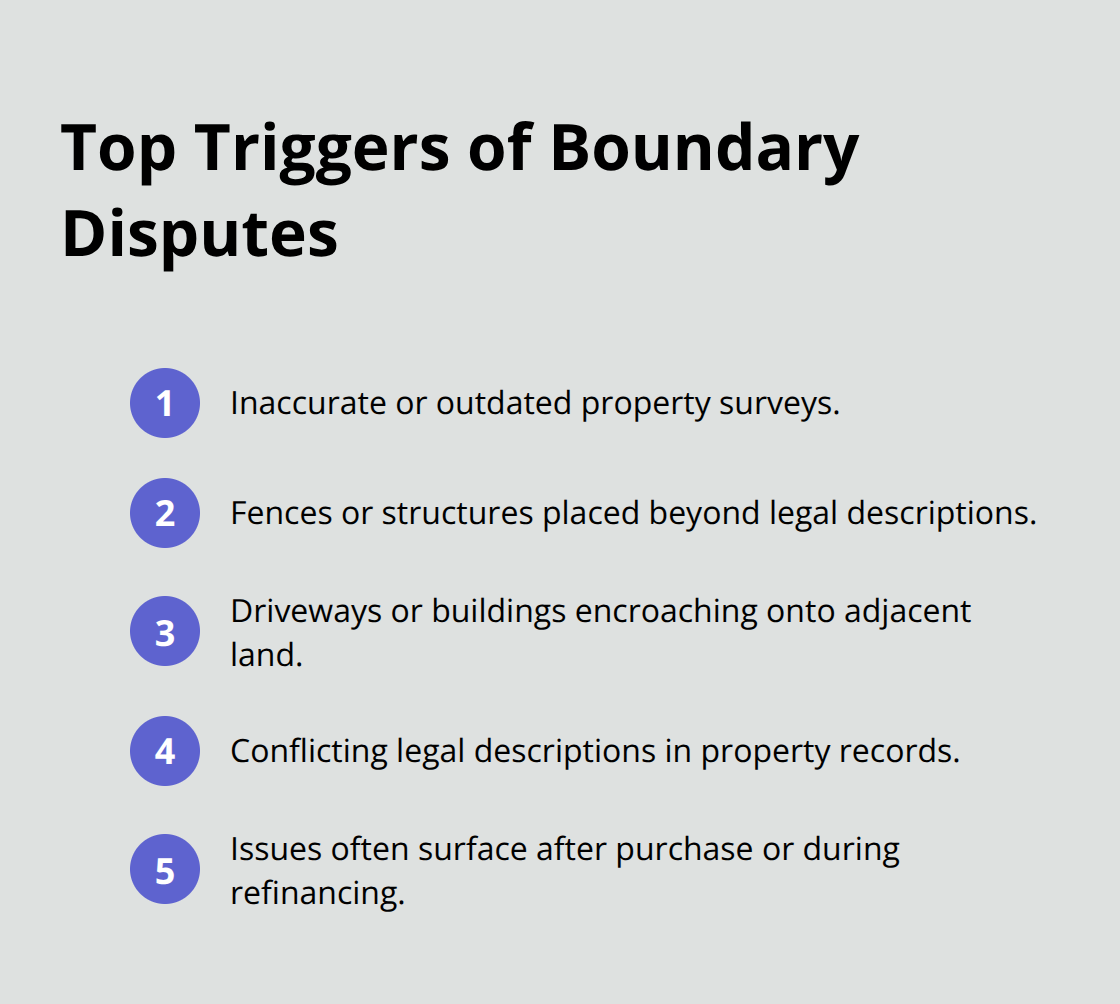 Compact list of common boundary conflict drivers in Orange County real estate. - Property title disputes