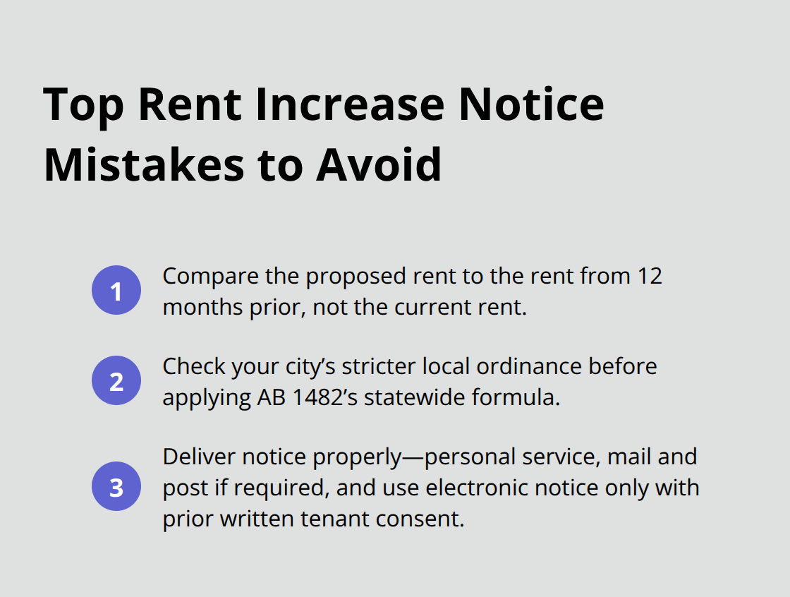 Compact list of the three most common rent increase notice mistakes under California rent control, tailored for Orange County landlords. - Rent control litigation California