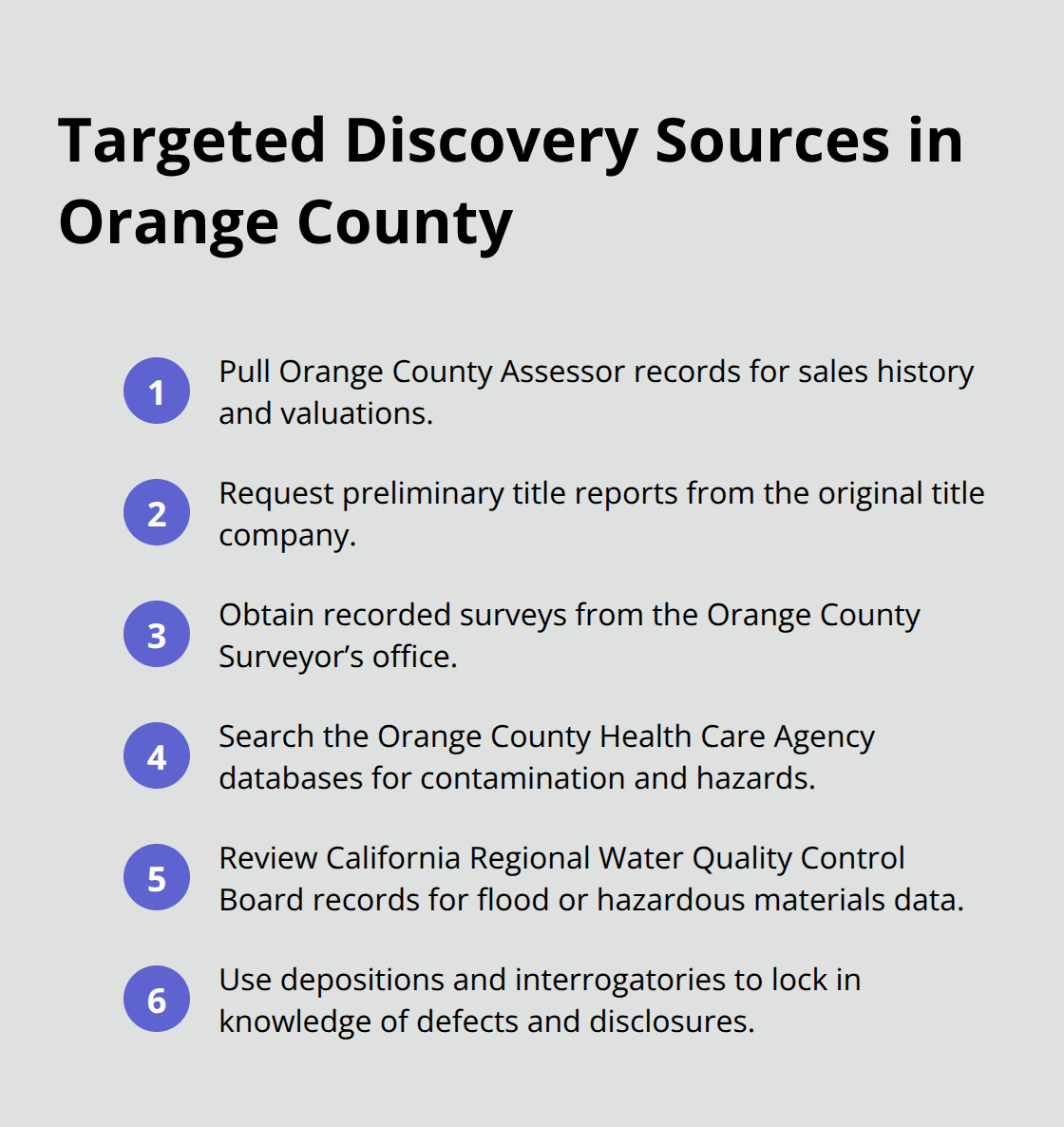 Compact list of key local records and inquiries for OC real estate litigation discovery - SoCal real estate litigation