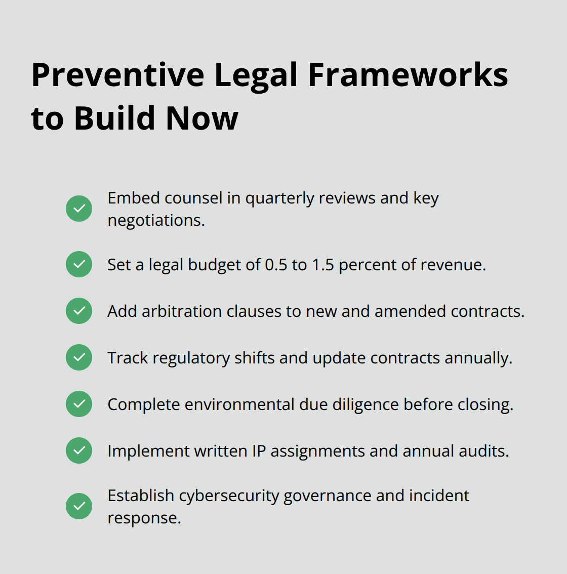 Checklist of core legal frameworks midmarket firms should implement to prevent costly disputes. - Southern California business law