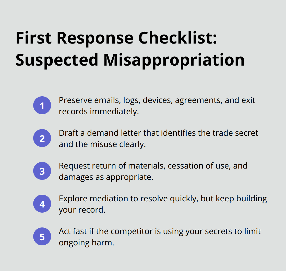 Compact checklist of immediate steps Orange County businesses should take when misappropriation is suspected.