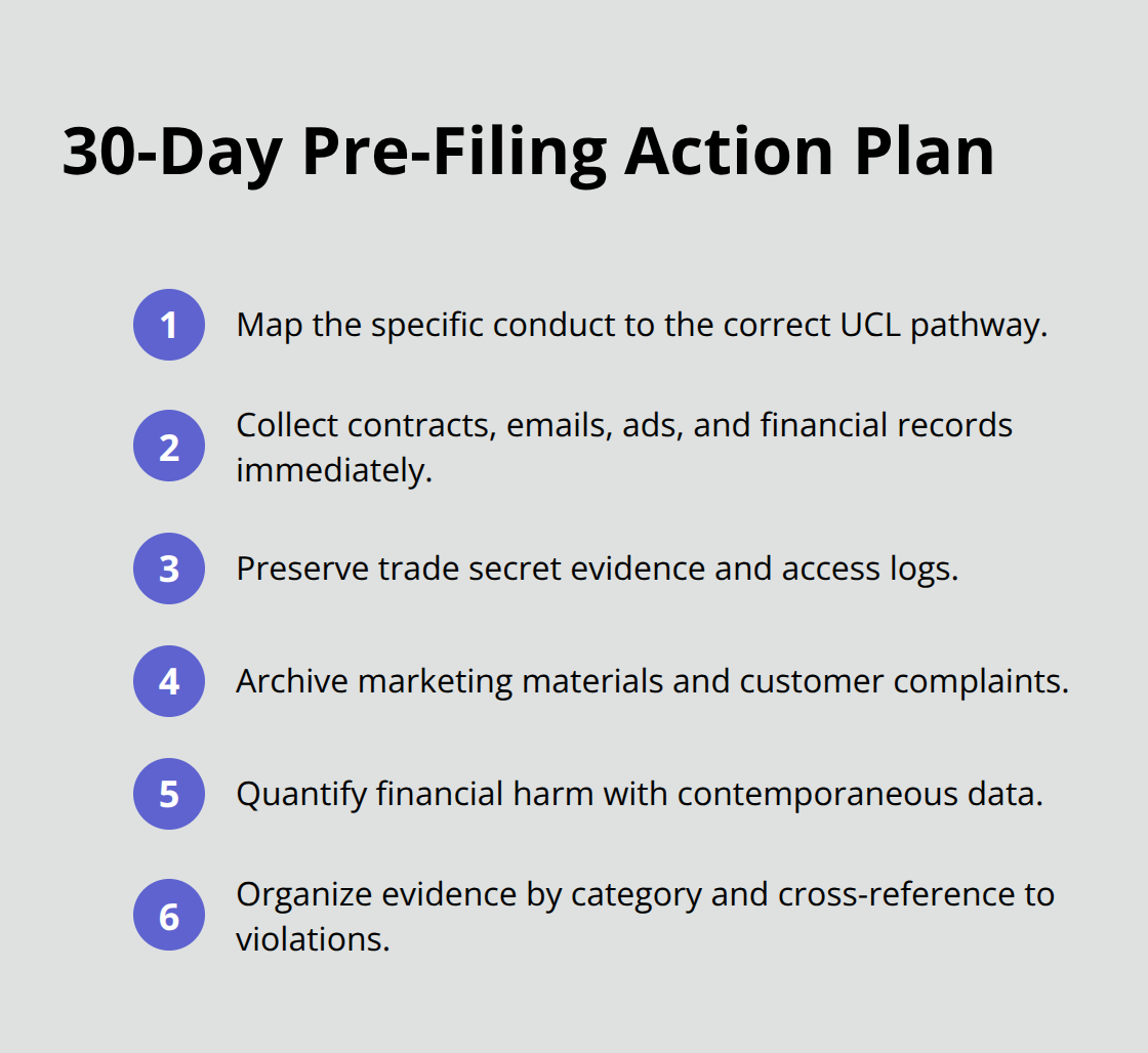 Compact checklist of critical steps to prepare an unfair competition case in the first 30 days. - Unfair competition litigation